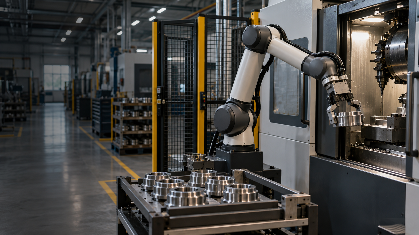Robotické pracoviště u CNC stroje jako součást automatizovaného výrobního procesu